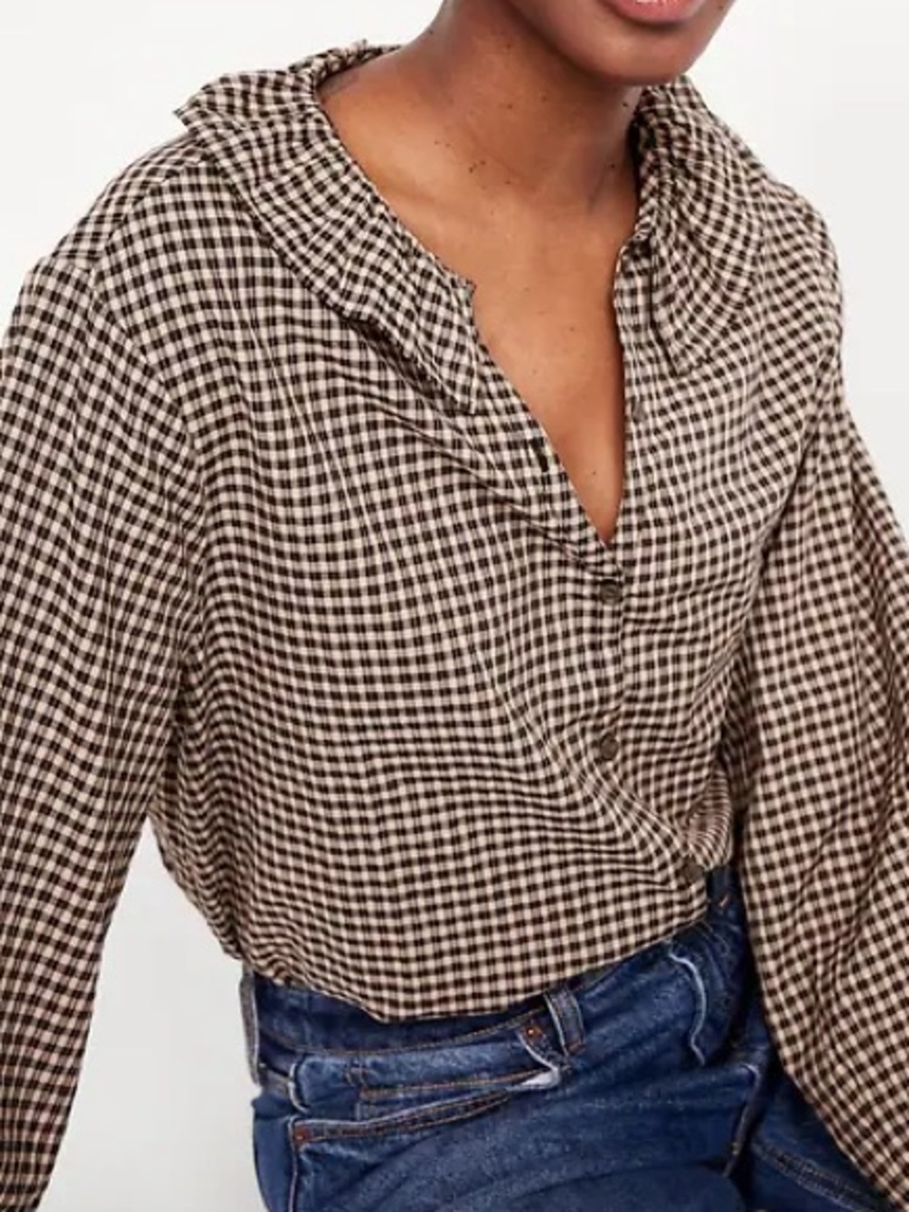 Cottage Core Plaid Peter Pan Neckline Button-Down Gingham Shirt Size Small Brown